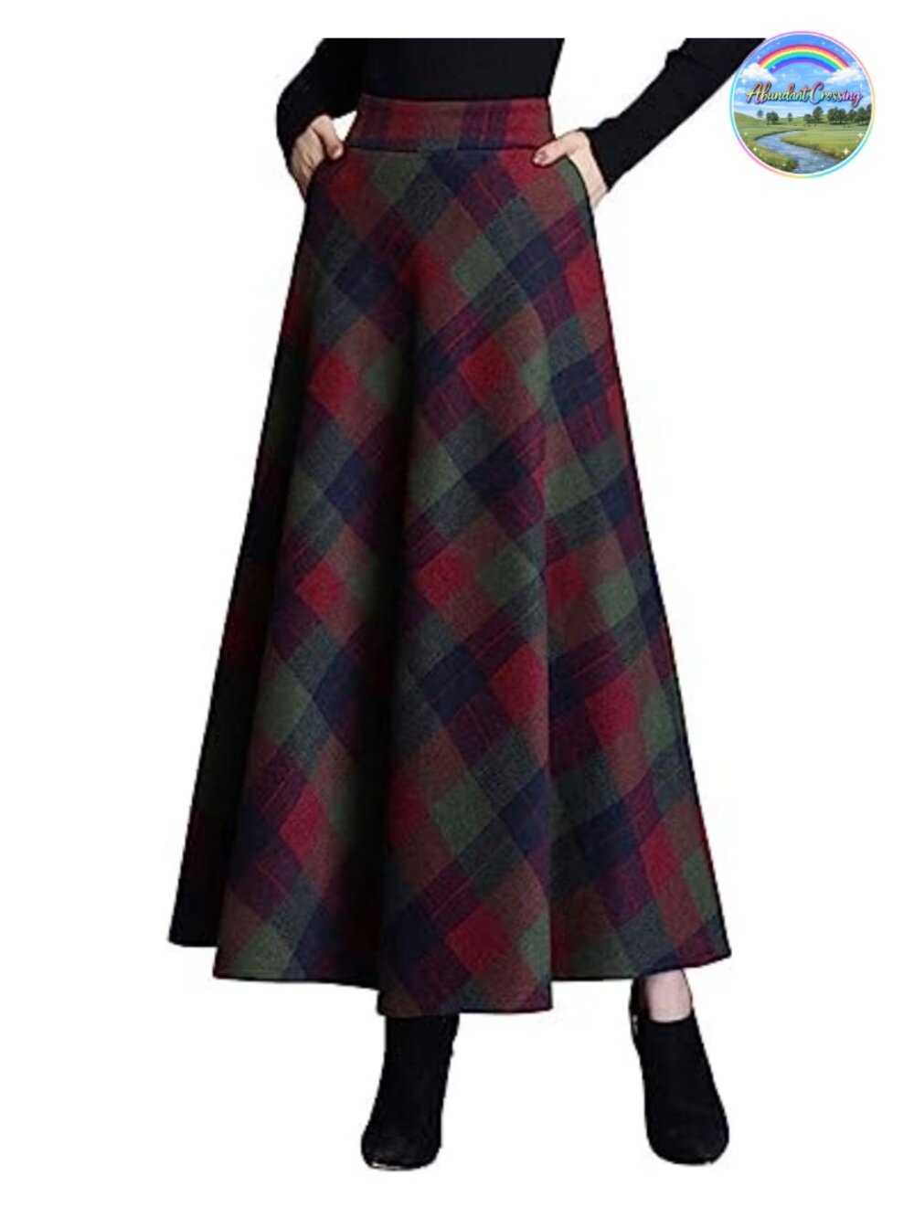 Wool Blend Plaid A-Line Maxi Skirt with Pockets